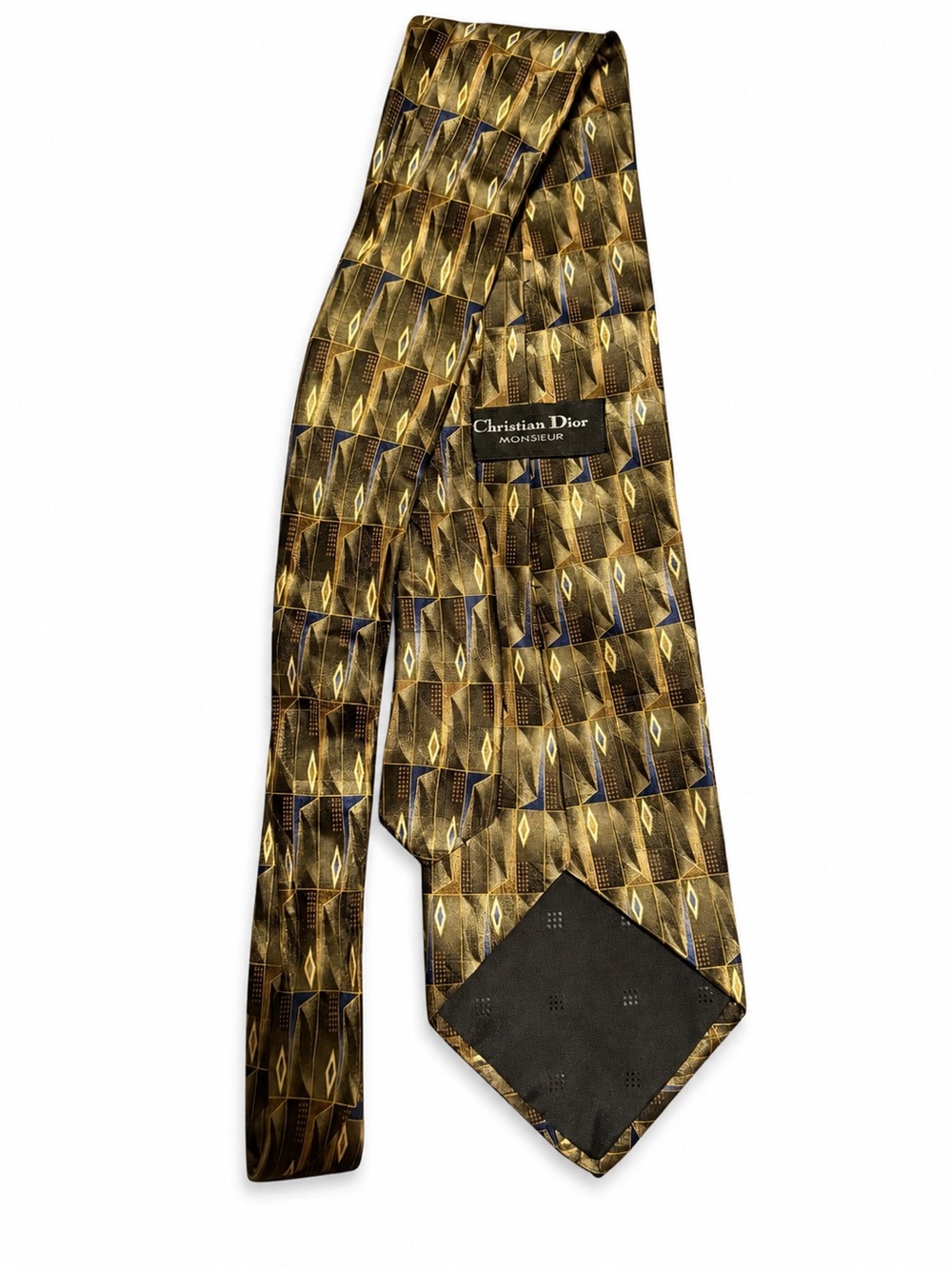 Vintage Christian Dior Monsieur 100% Silk Geometric Tie Brown Gold Blue